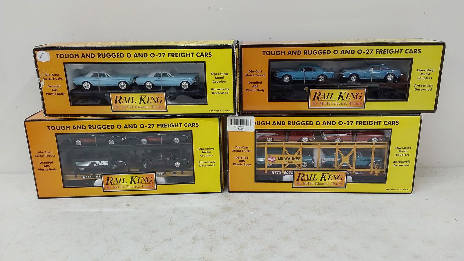 (4) Rail King train cars with boxes (1 of 2)