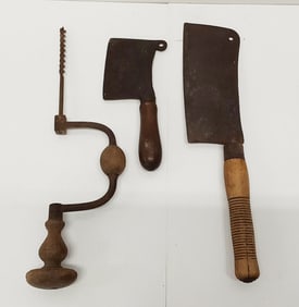 (2) hand-forged meat cleavers and breast drill