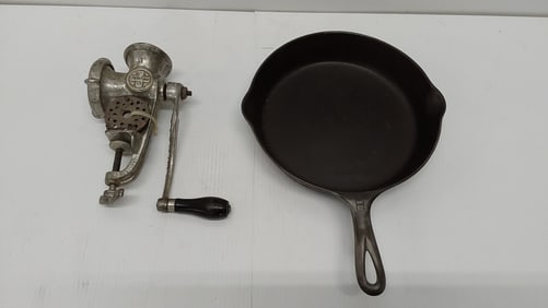 #8 Griswold skillet and #1 Griswold meat grinder