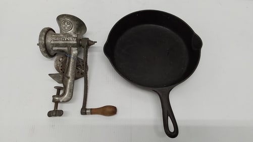 #8 Griswold skillet and #3 Griswold meat grinder