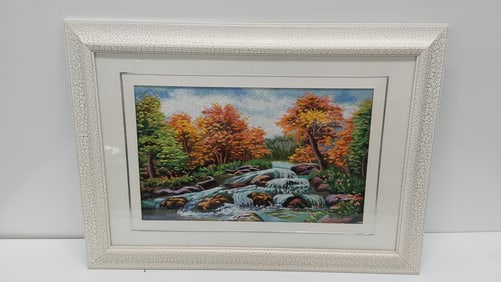embroidered creek scene