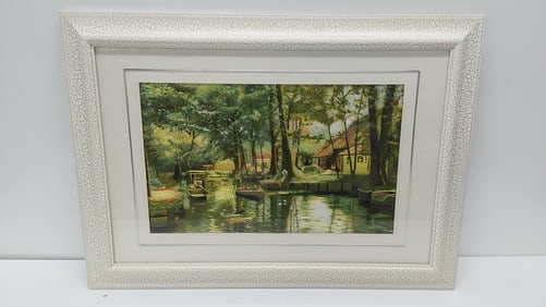 embroidered river front house scene