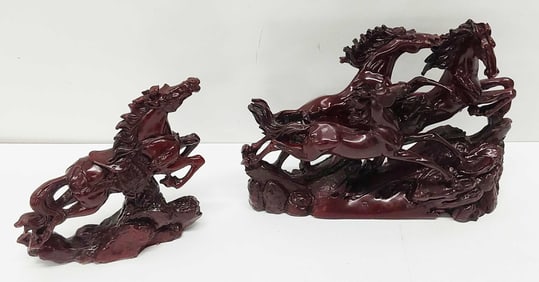 (2) red resin horse themes statuettes