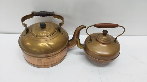(2) early brass/copper tea pots