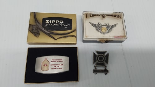 (2) sterling USMC award and Zippo knife