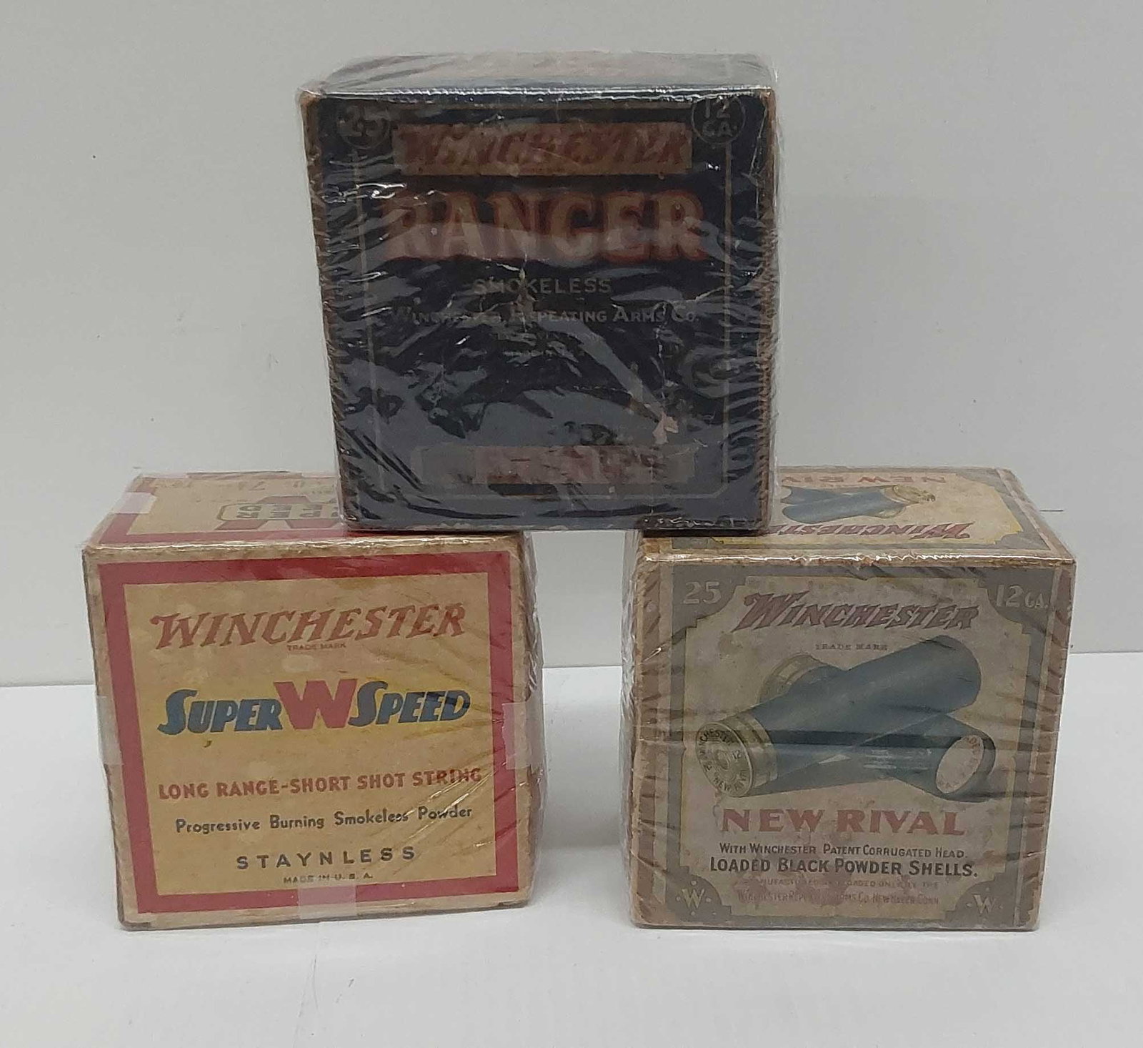 (3) vintage Winchester 12ga ammunition boxes: One box is full.