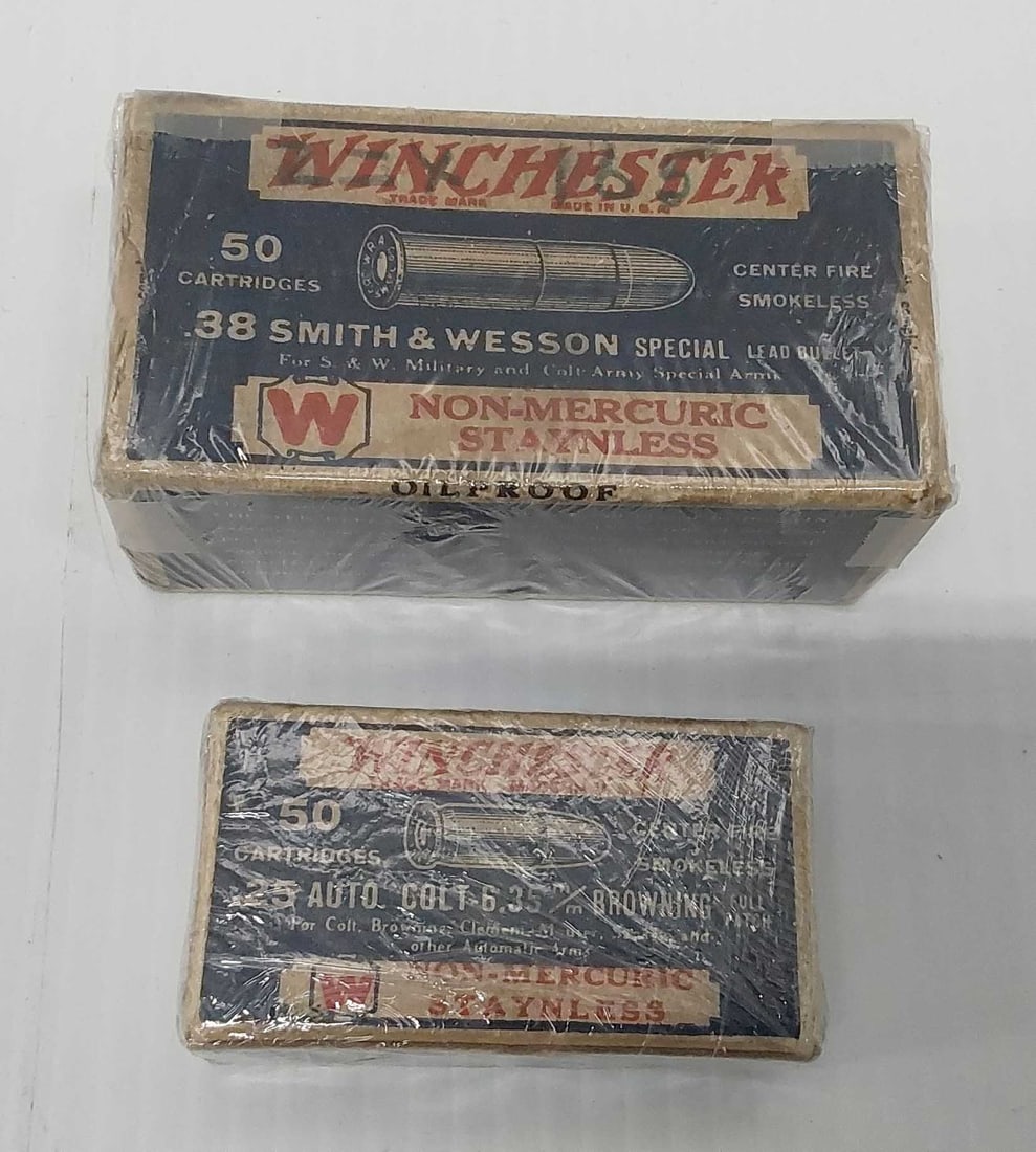 (2) vintage Winchester pistol ammo boxes: (1) .25 auto Colt - 50 rounds (1) .38Special - 50 rounds