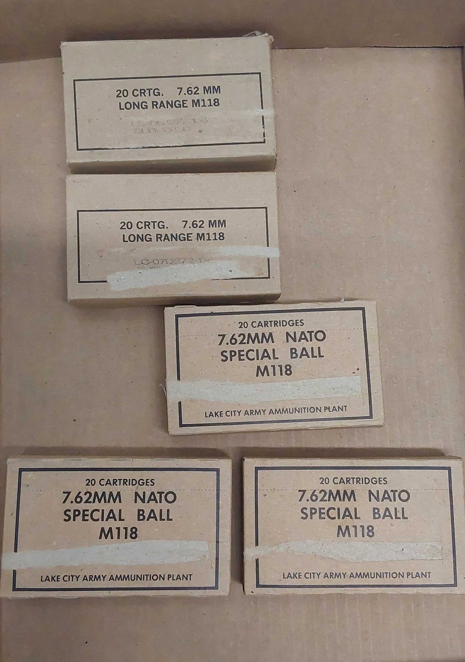 100 rounds of 7.62mm NATO special ball M118 ammo: (5) boxes