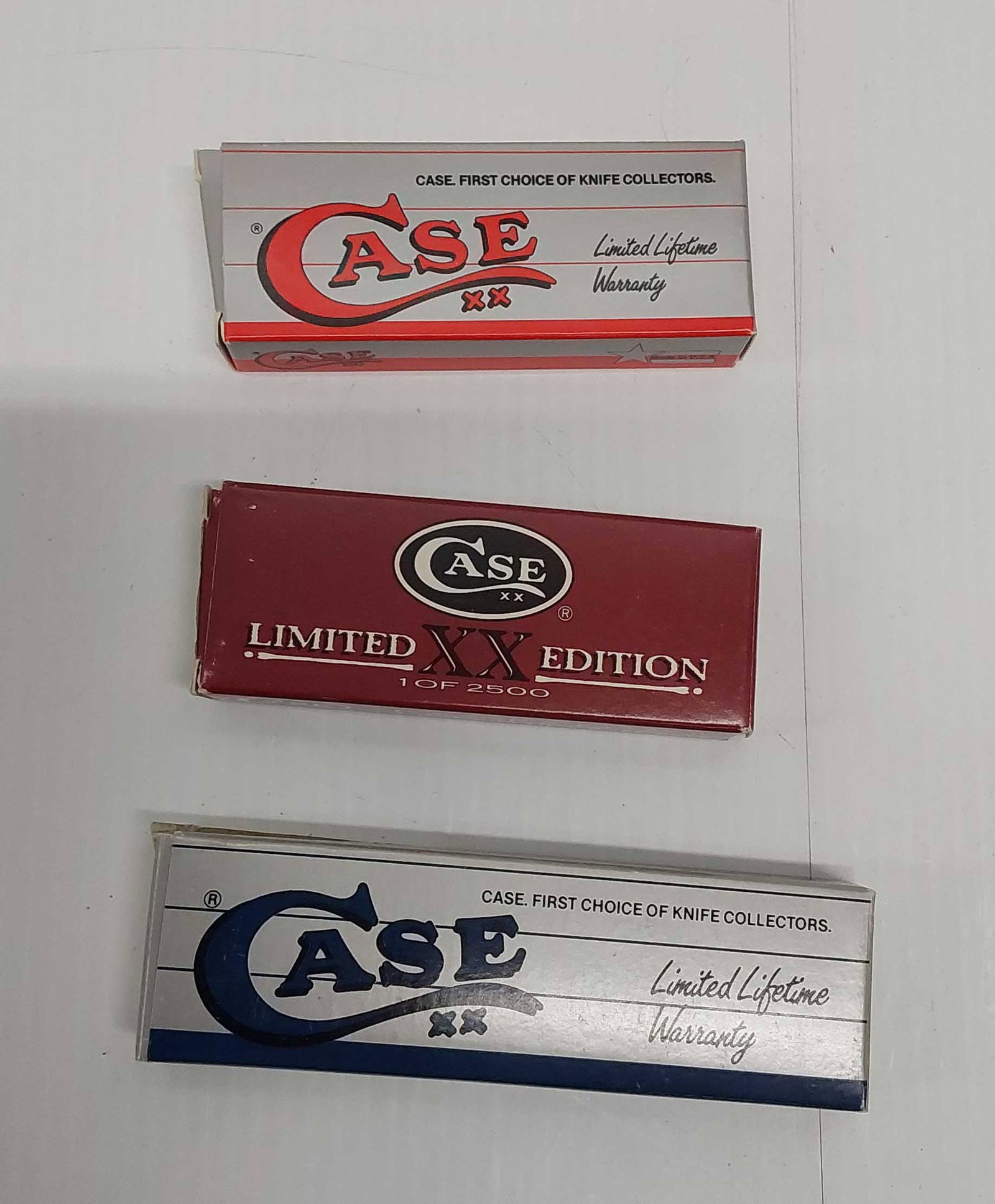 (3) Case XX knives in boxes: Dogleg trapper, trapper, Sod buster