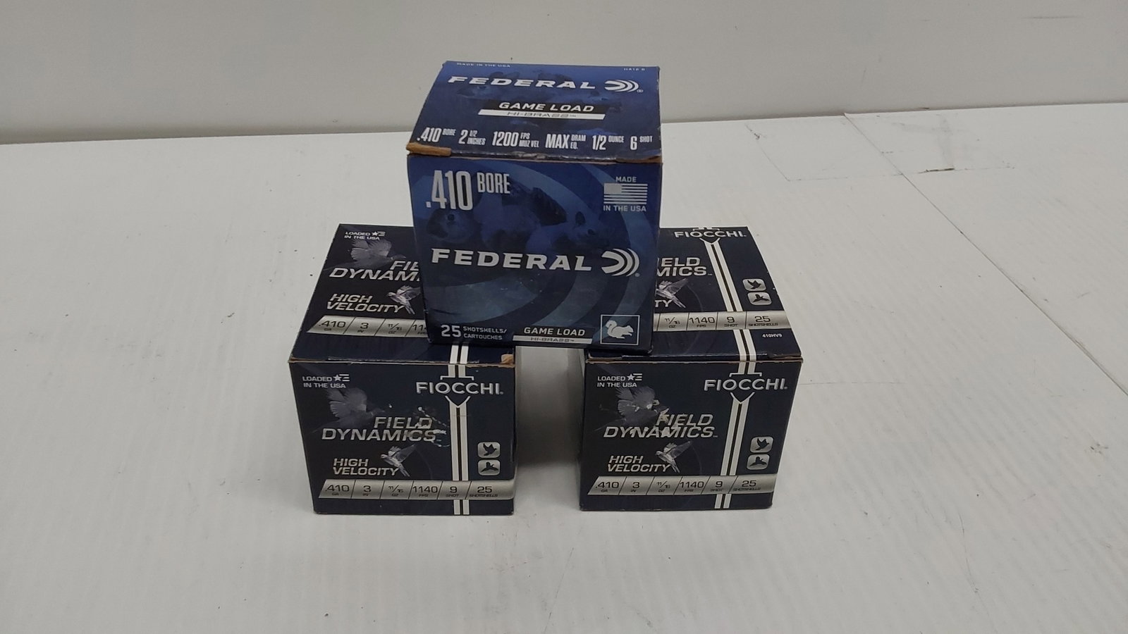 (3) full boxes of 410 shotgun ammunition: (1) Federal 2 1/2" 6-shot (2) Fiocchi 3" 9-shot