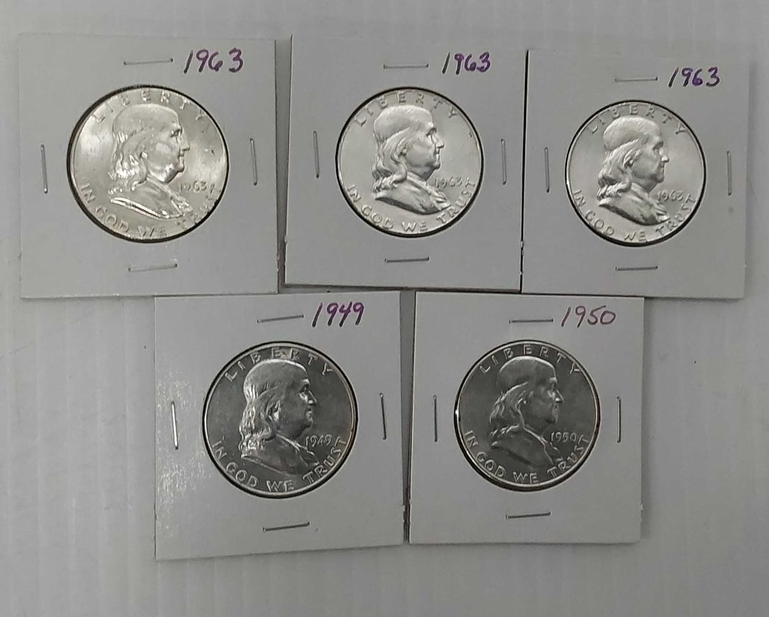(5) Ben Franklin silver half dollars: (1) 1949, (1) 1950 and (3) 1963, 90%