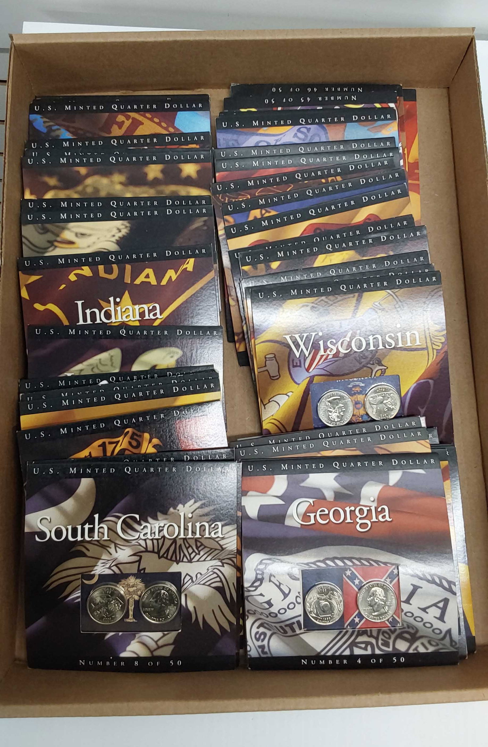 (50) US state quarter pairs: States are in separate envelopes, each has (2) quarters. Total of (100) quarters. $25.00 face value.