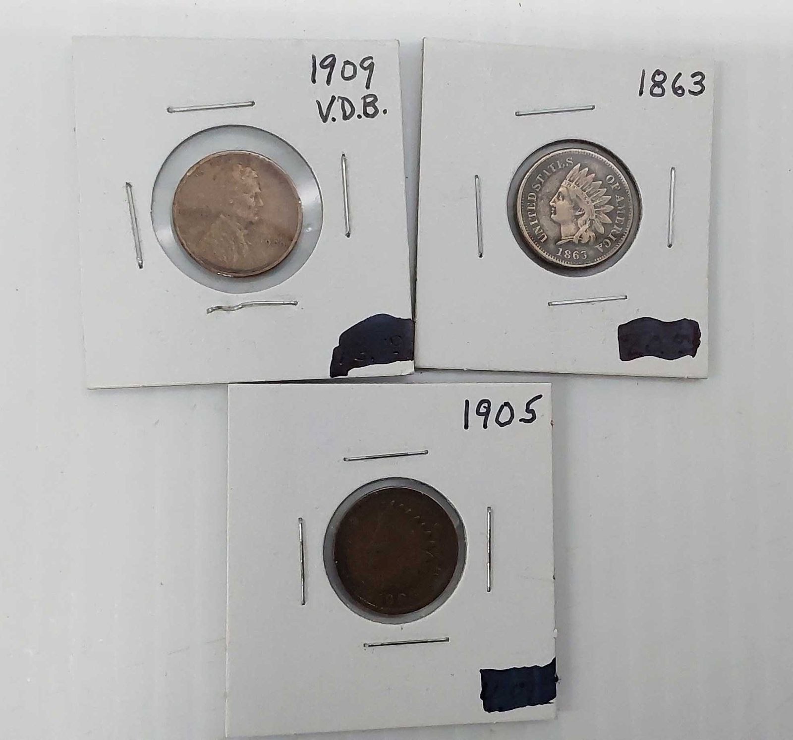 (3) early pennies: (1) 1863 IHP, (1) 1905 IHP and (1) 1909 VDB