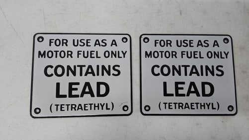 (2) NOS porcelain "Contains Lead" signs