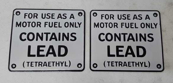 (2) NOS porcelain "Contains Lead" signs