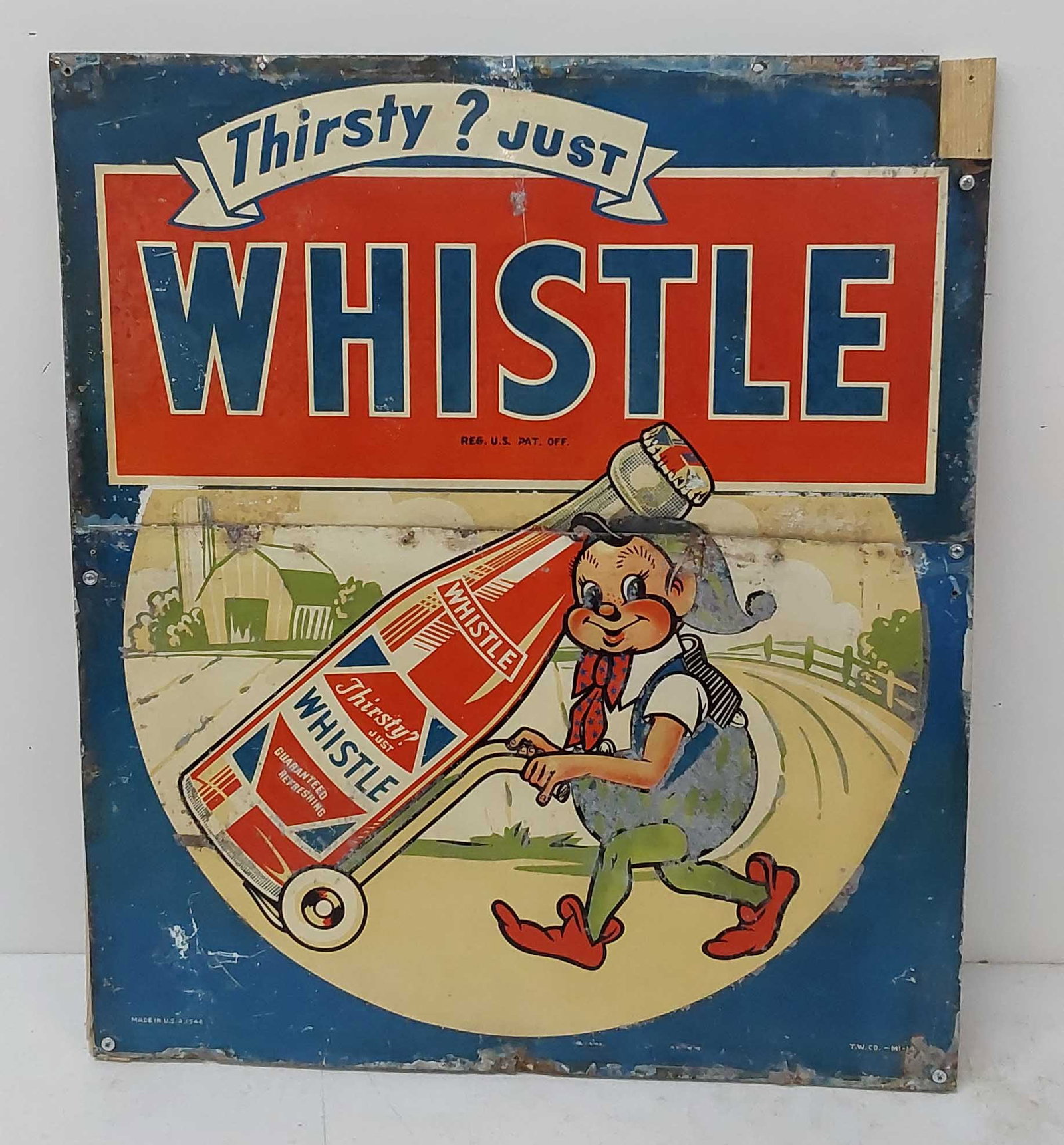 Whistle Drink SST sign: Single Sided Tin 26" x 30" Was cut in half and put back together.
