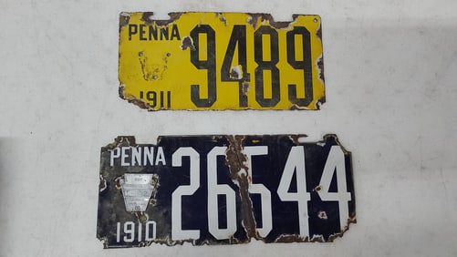 Pennsylvania 1910 and 1911 porcelain license plate