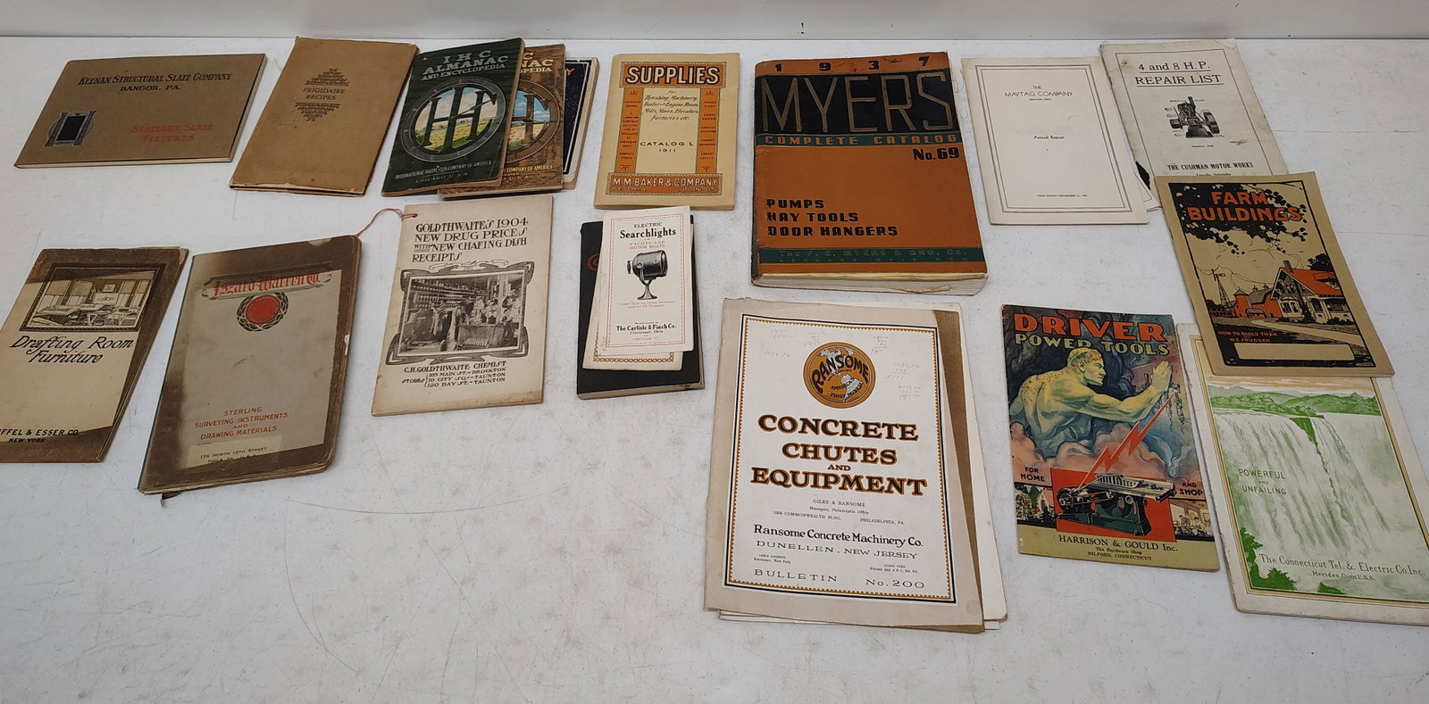 catalogs: drafting room furniture, farm building, power tools, Myers, Maytag and more.