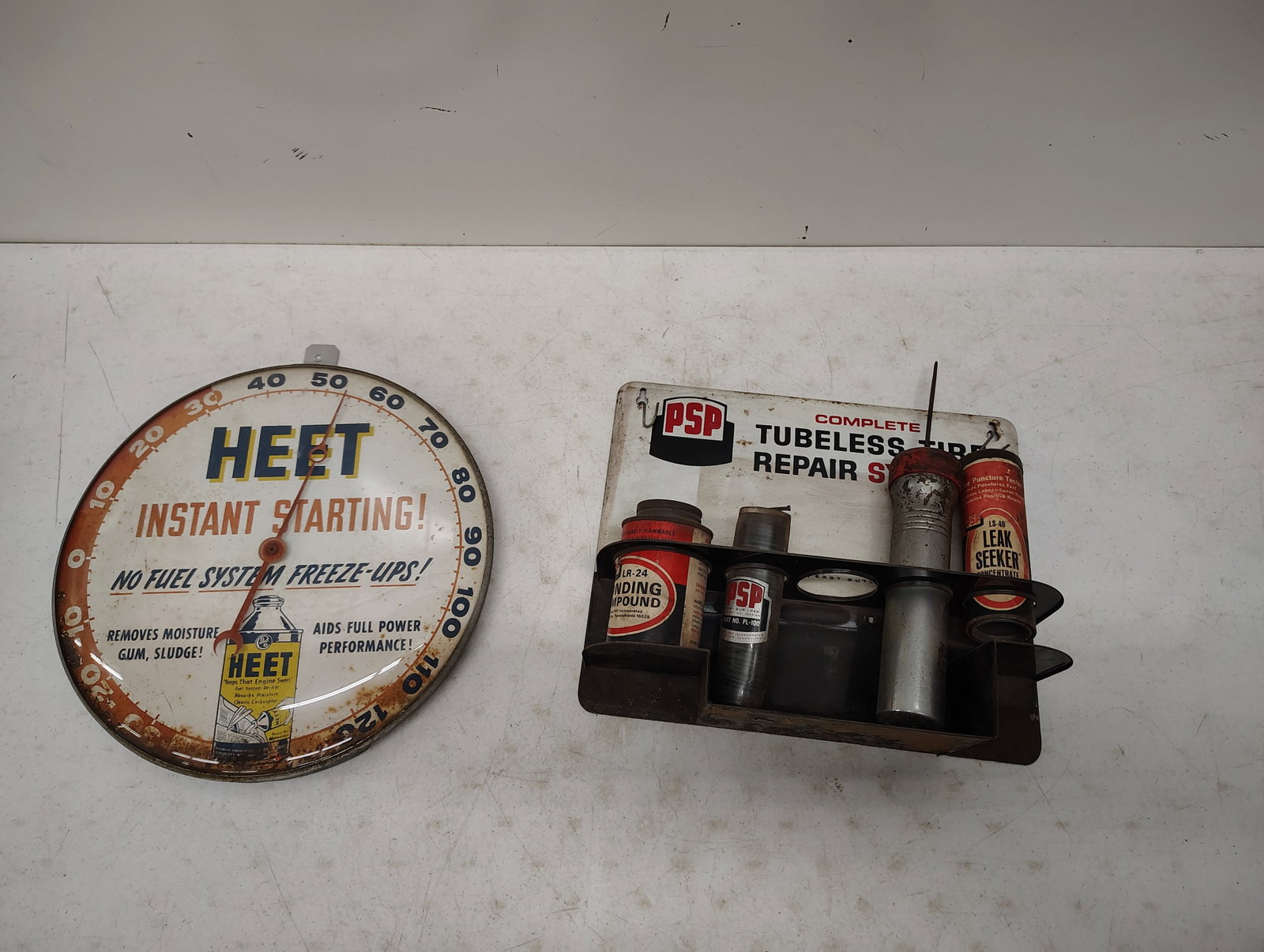 advertising lot: Heet thermometer (glass face) 12in diameter Tube Tire Repair display 10" x 12"