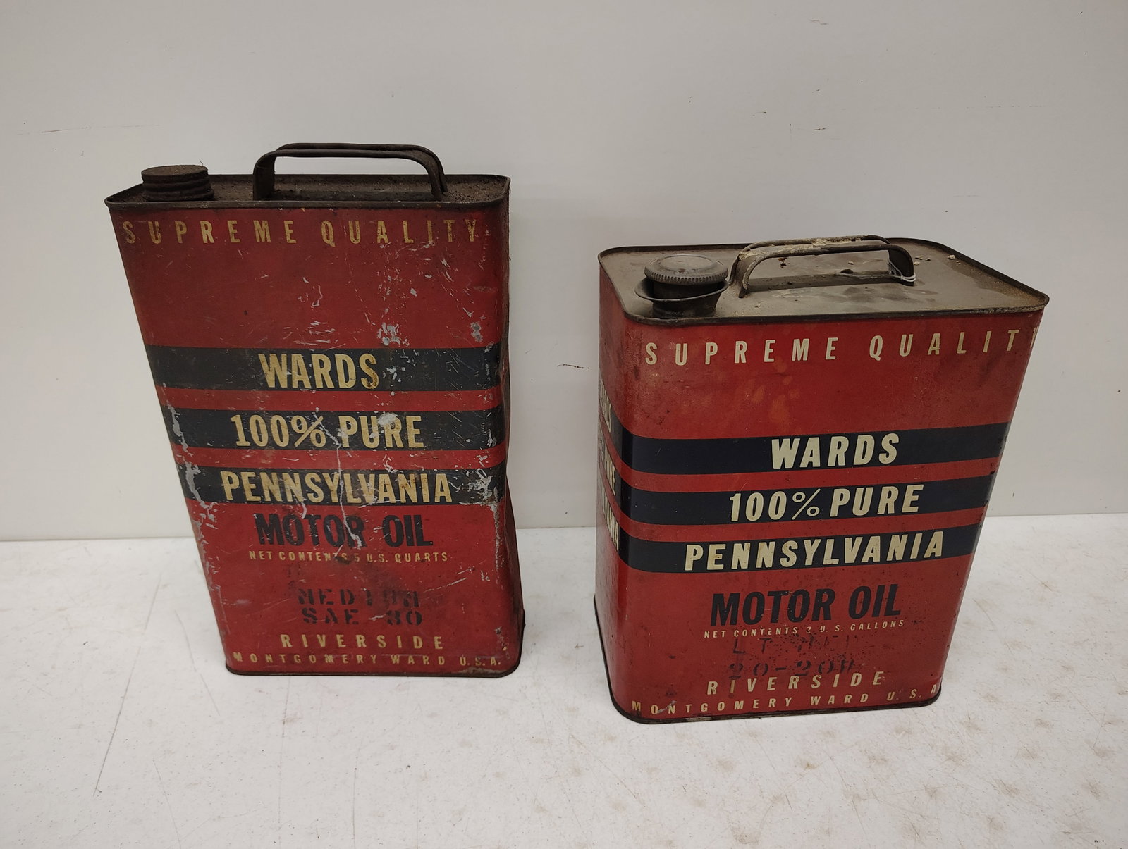 oil cans: 1 Wards Motor Oil flat can 2 gallon Ward Motor Oil can