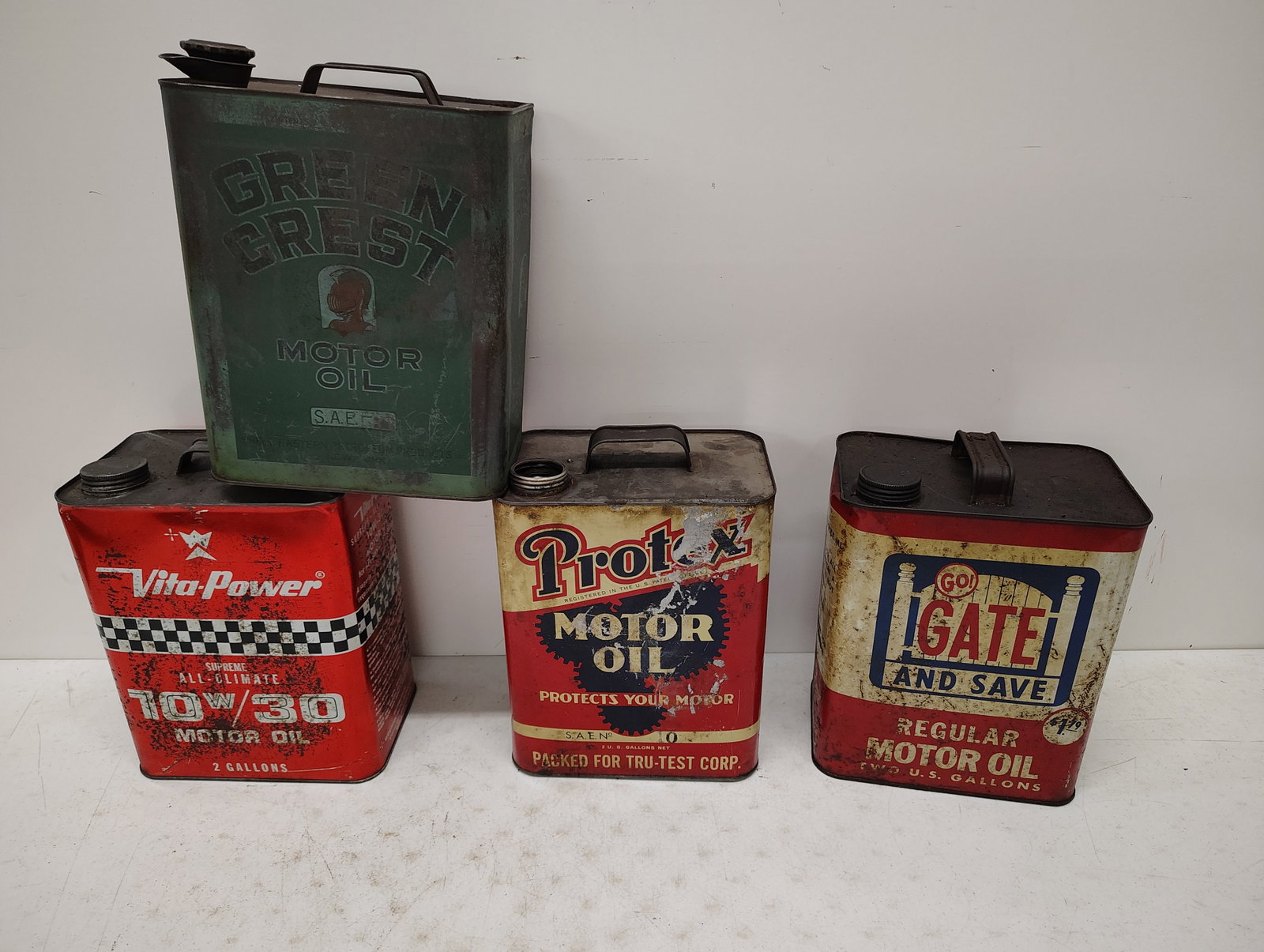 oil cans: Protex, Vita Power, Green Crest, Gate and Save conditions vary