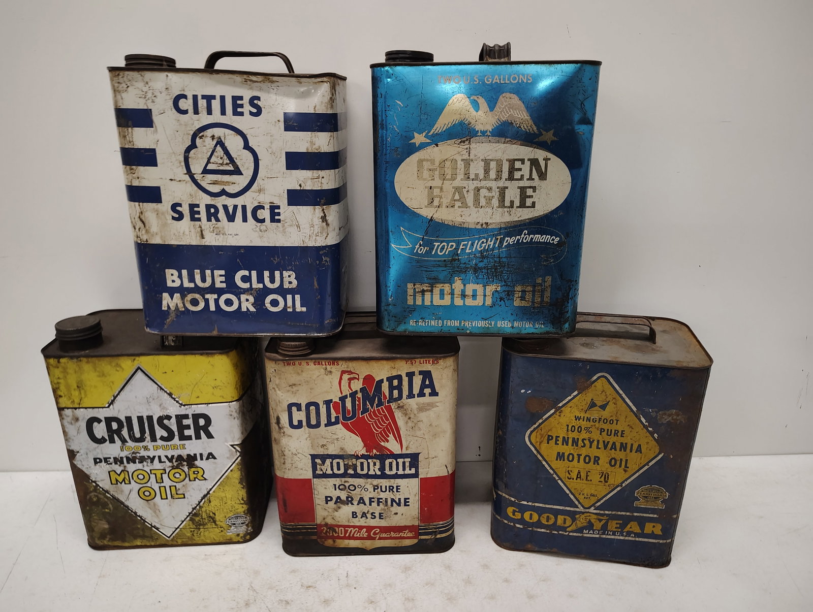 oil cans: Cruiser, Columbia, Good Year, Blue Club and Golden Eagle conditions vary