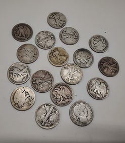 (16) Walking and (1) Barber half dollars