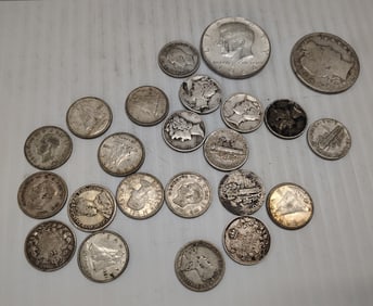 (7) mercury dimes, (14) silver foreign coins plus