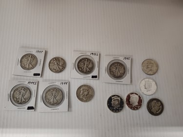 (6) walking half dollars and (1) Franklin