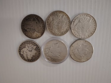 (4) morgans, (2) peace dollars