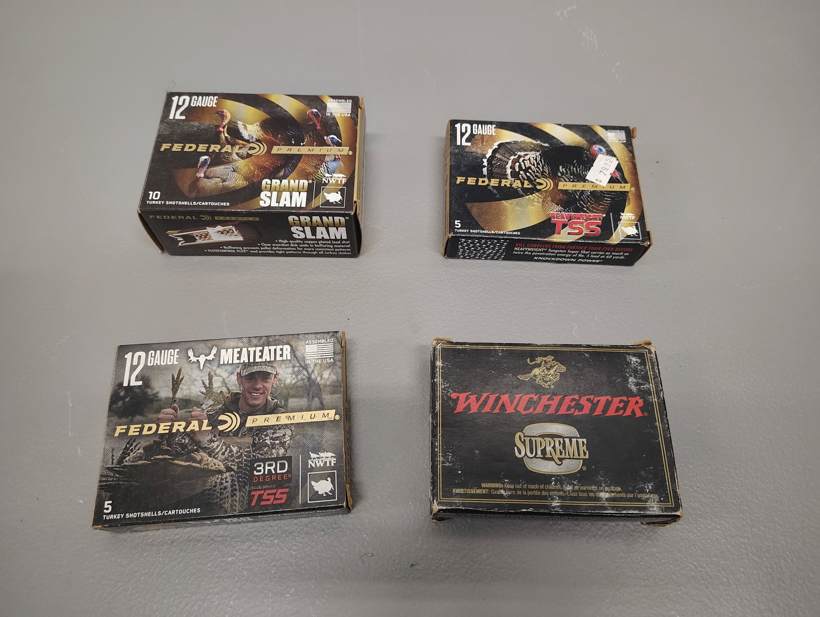Ammo: 12 gauge-federal grand slam 12 gauge heavy weight TSS 10 gauge winchester supreme 12 gauge meateater