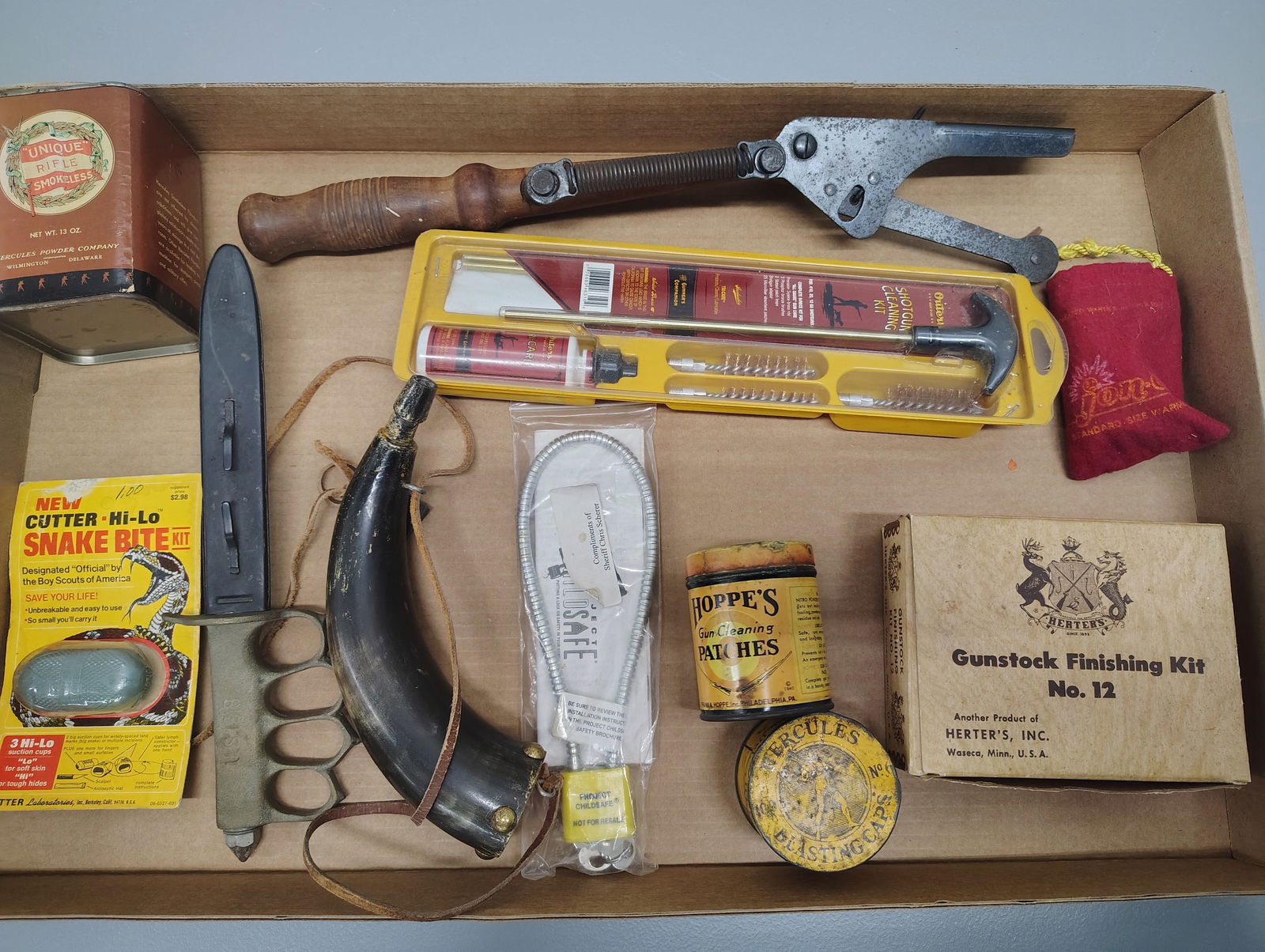 hunting items: gun stock finishing kit clay pigeon thrower gun cleaning kit and more