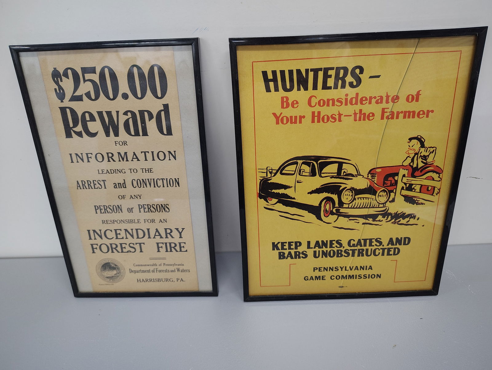 Posters: 2 framed posters 1 pa game commission 1 harrisburg reward poster
