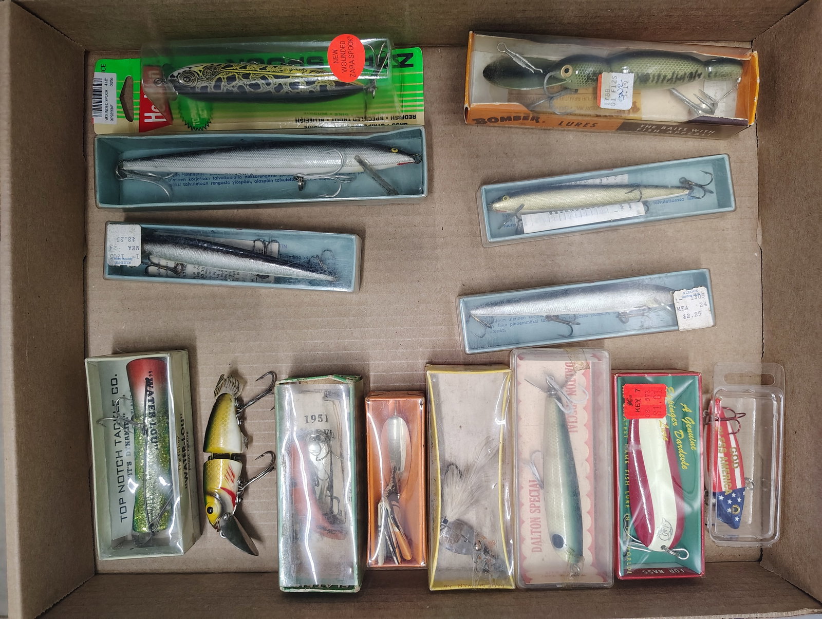 Fishing items: Heddon zara wounded spook Rapala original wobbler Johnsons spoon dalton special Paul bunyan spinner