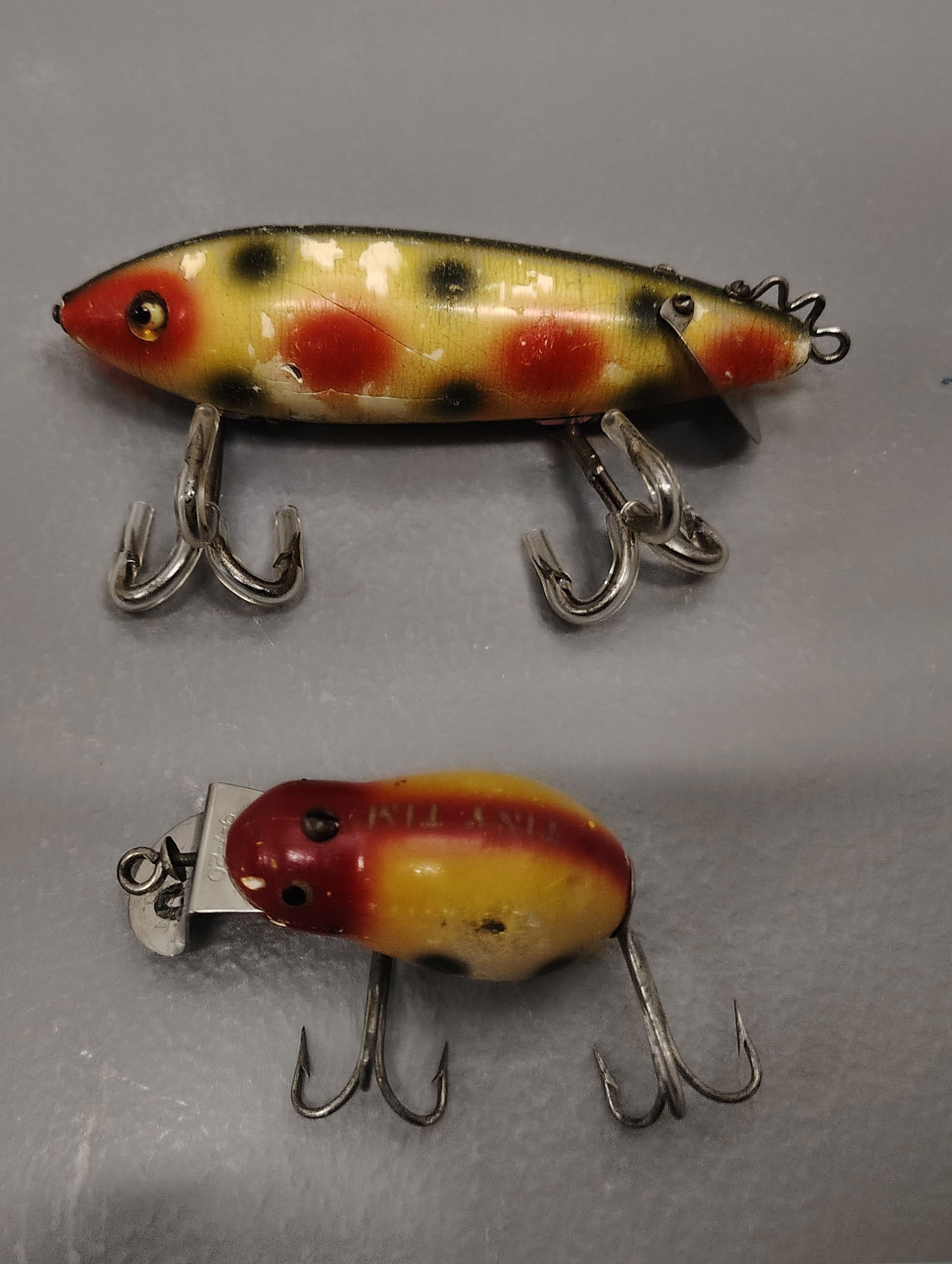 Fishing items: Creek chub tiny tim wooden Heddon crab wiggler wooden