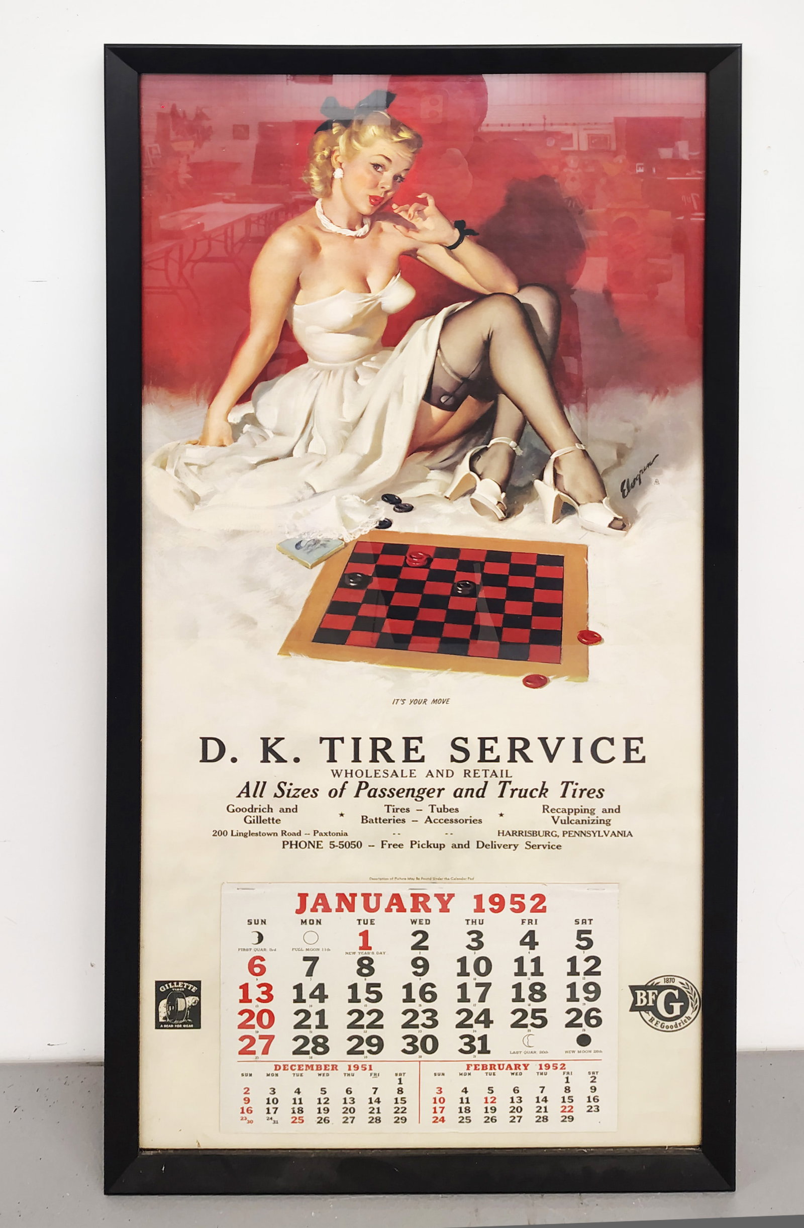 Calendar: 1952 D.K. tire service framed