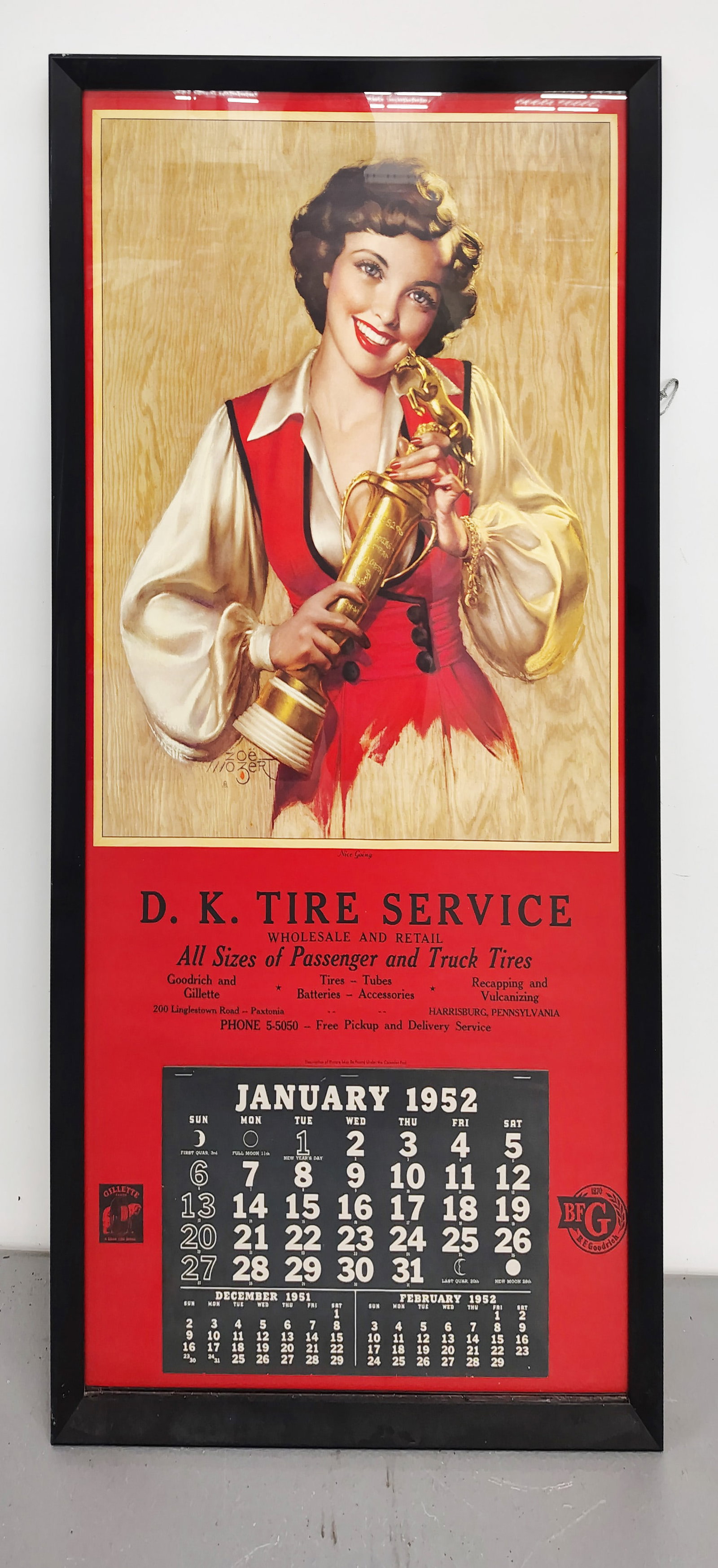 Calendar: 1952 D.K. tire service framed