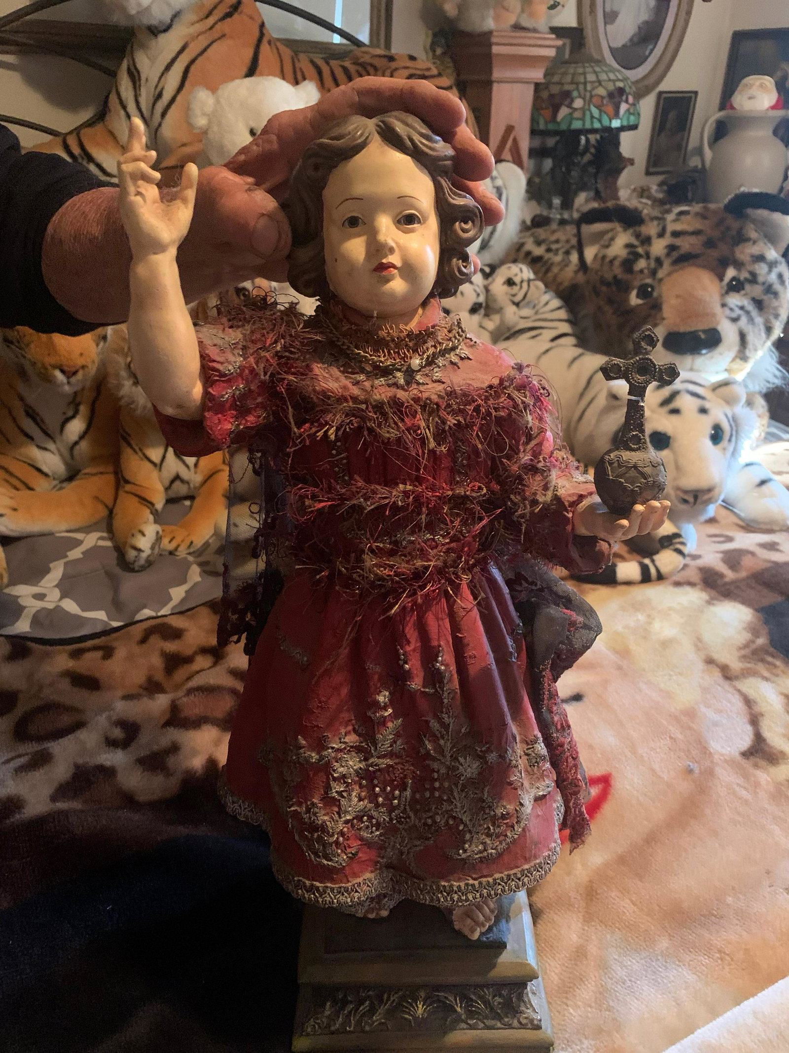 Cathedral Porcelain Religious Figure: Porcelain religious figure from Cathedral in Denver, Colorado. Dimensions: 22"t. Condition: crack on cross. Chip in back of head. Marks: Department