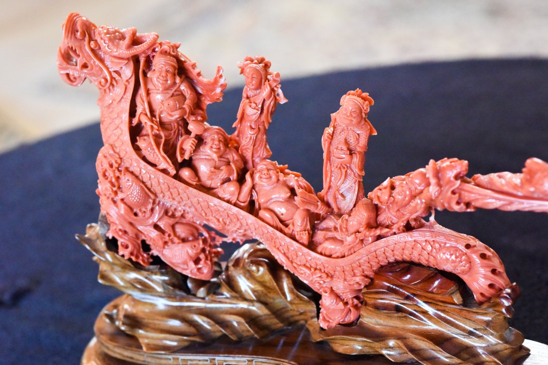 Very rare fine Large Dragon coral carving with the 7 Gods (1 of 4)
