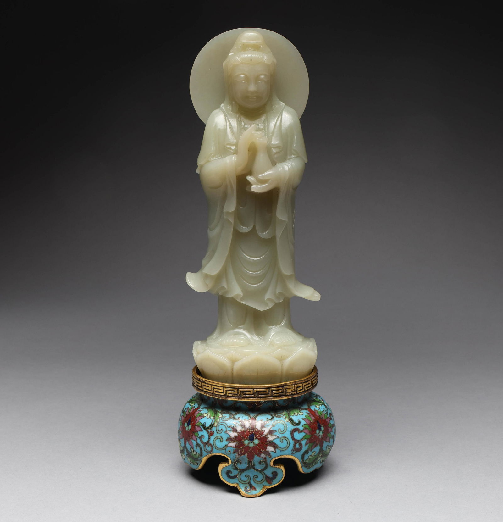 Qing Dynasty Cloisonne base Hetian jade Guanyin statue (1 of 16)