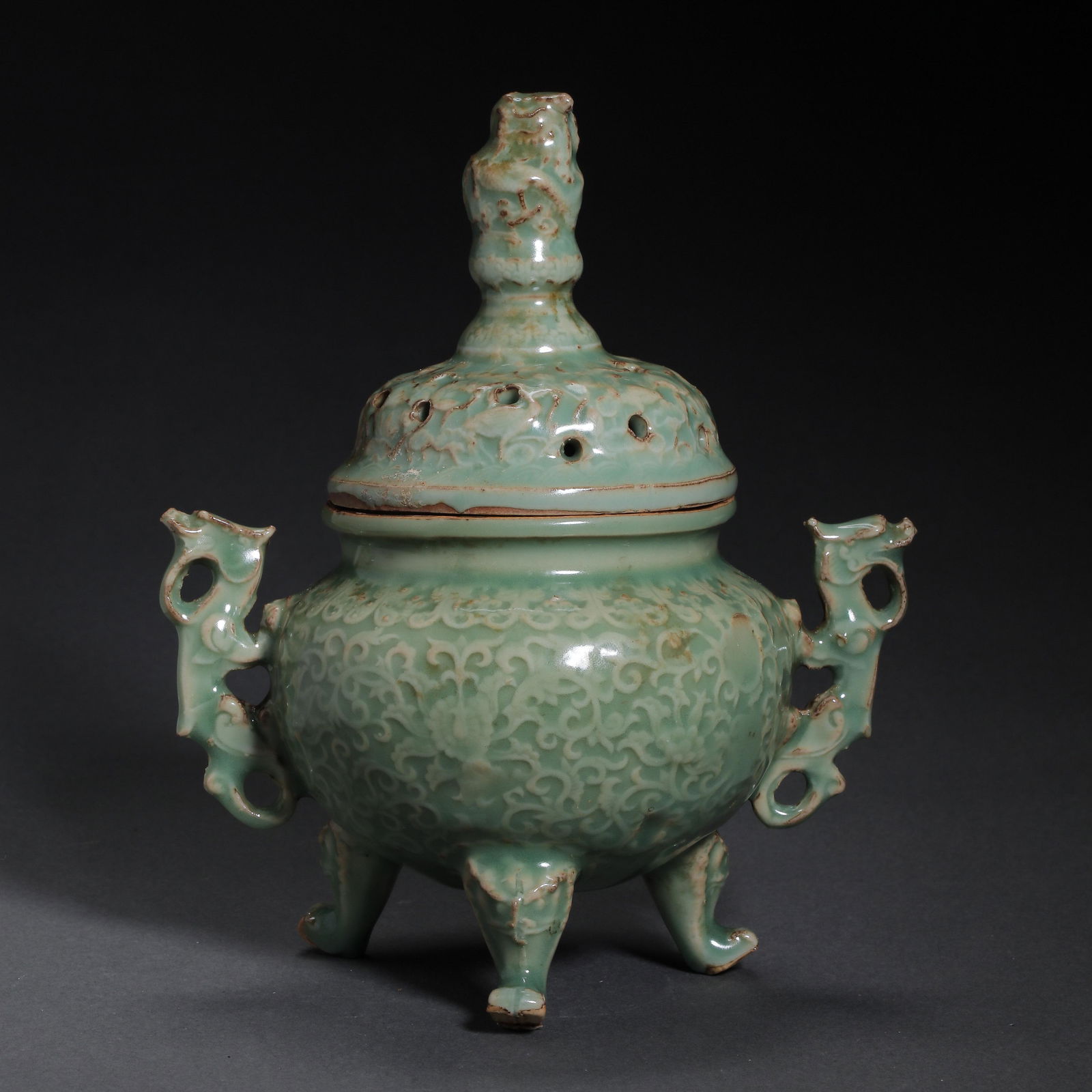 Chinese Yuan Dynasty Longquan kiln green glaze two ear three foot fumigating furnace (1 of 11)