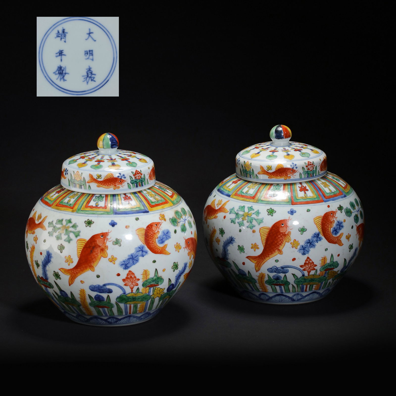 A pair of colorful fish pattern jars in Jiajing, Ming Dynasty, China (1 of 10)