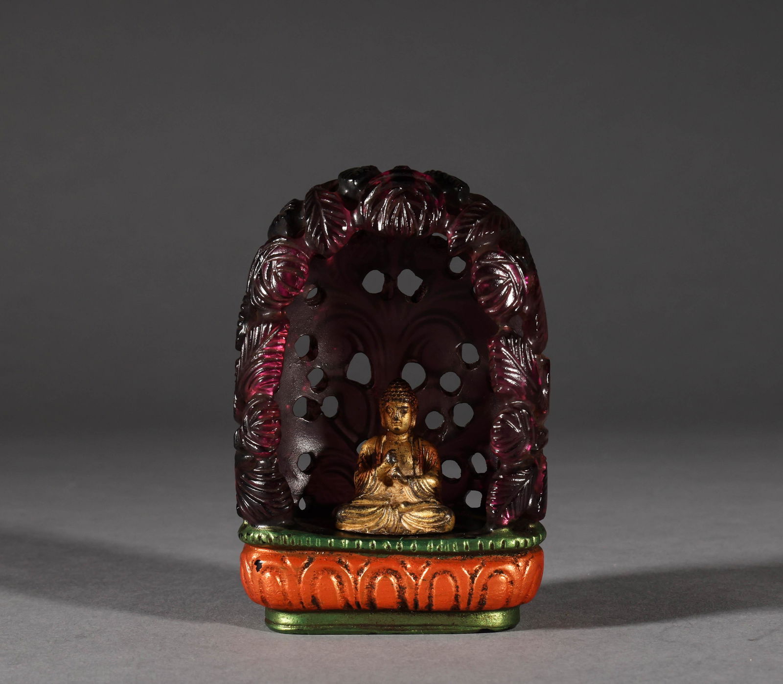 A group of bronze golden Buddha in Qing Dynasty glazed Buddhist niche (1 of 6)