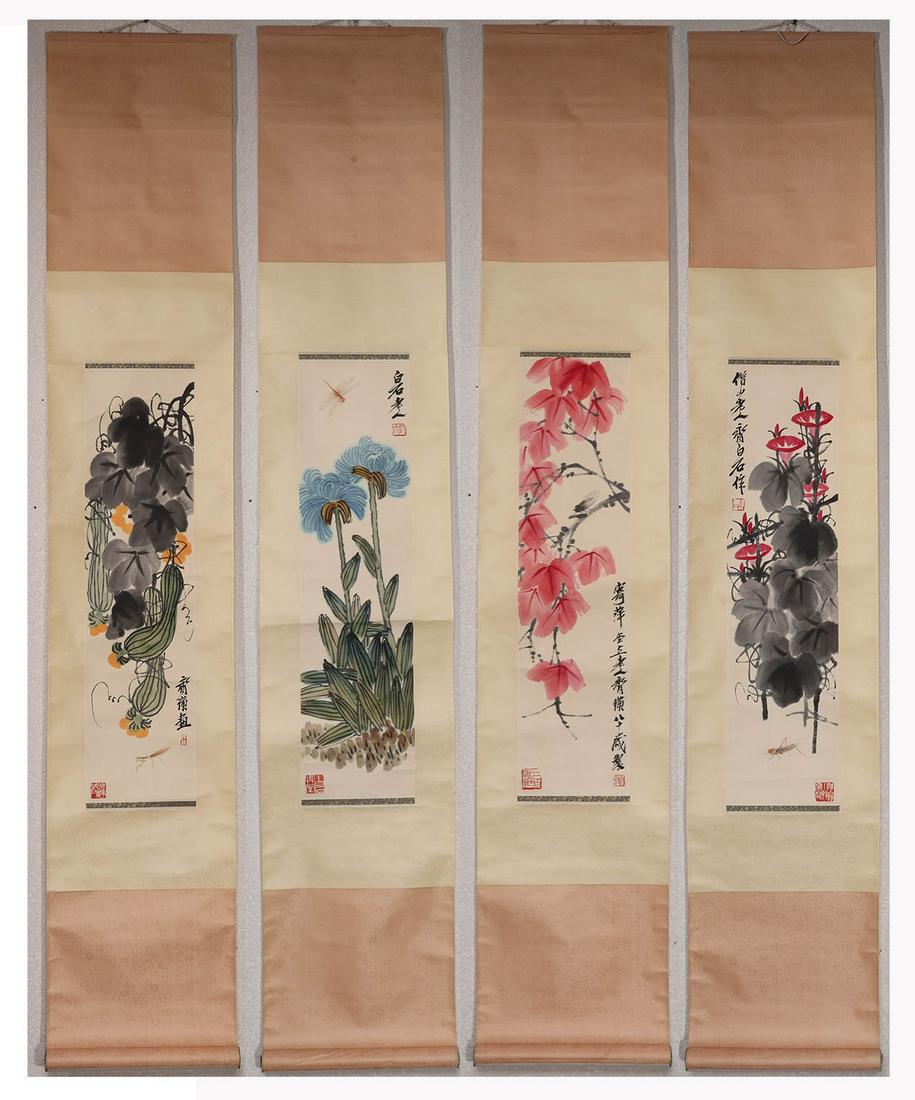 Qi Baishi flower drawing this vertical axis (four screens) (1 of 18)
