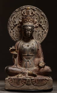 Before the Ming Dynasty, blue stone painted Buddha statues: Height: 69cm, Width: 38cm