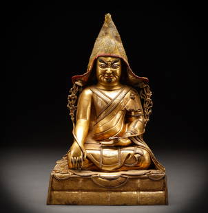 Bronze gilded statue of a Buddhist master in the Qing Dynasty: Height: 38cm, Width: 28cm, Weight: 14793g
