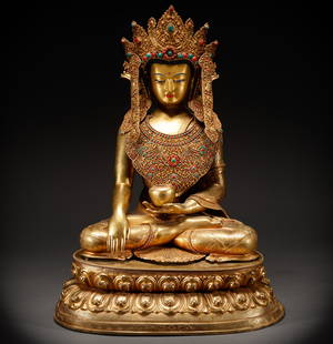Bronze gilded Buddha statue with inlaid gemstones from the Qing Dynasty: Height: 72cm, Width: 53cm, Weight: 20276g
