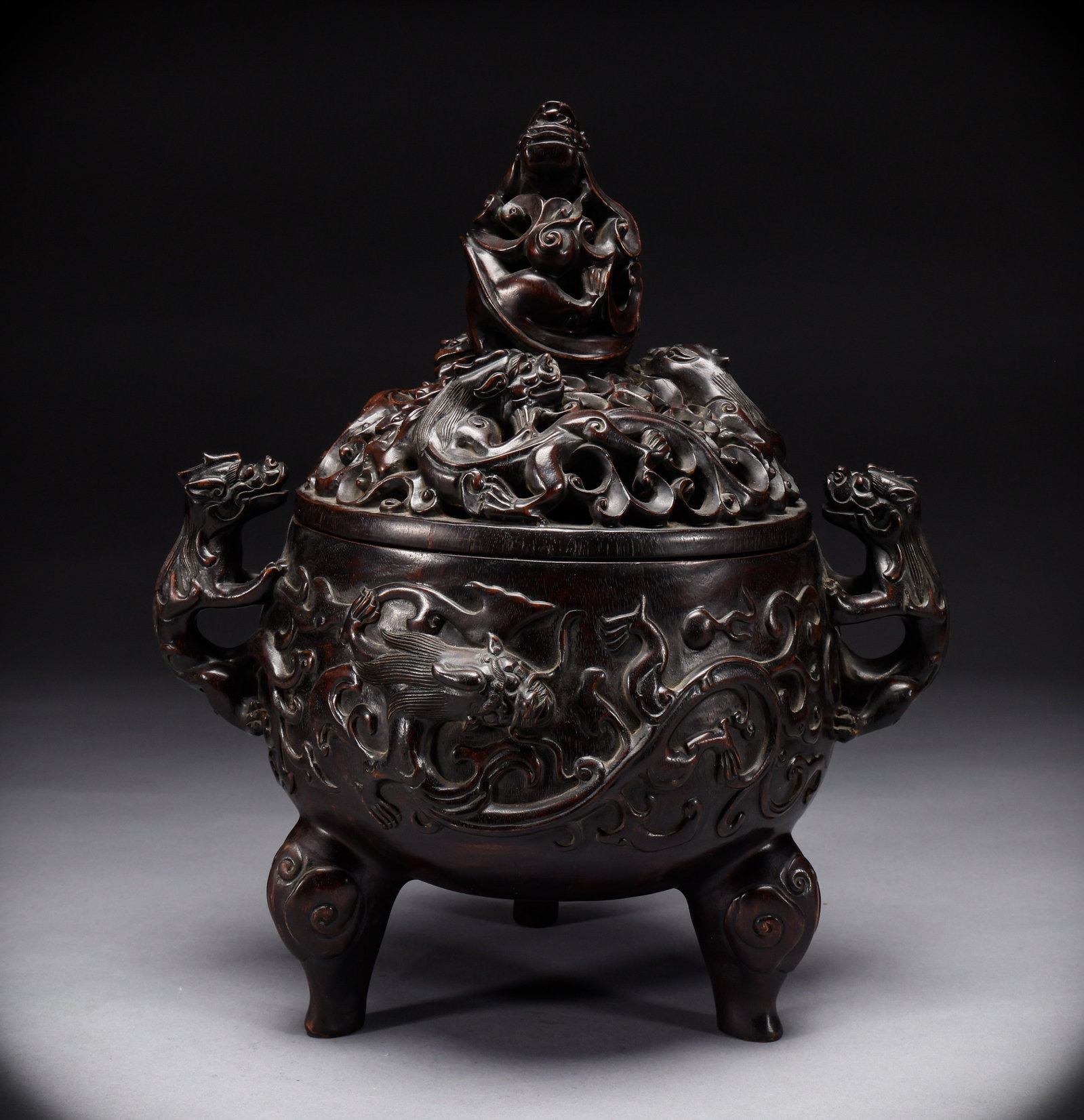 Qing Dynasty Purple Sandalwood Chilong Button Incense Burner: Height: 34cm, Width: 28cm, Weight: 2391g