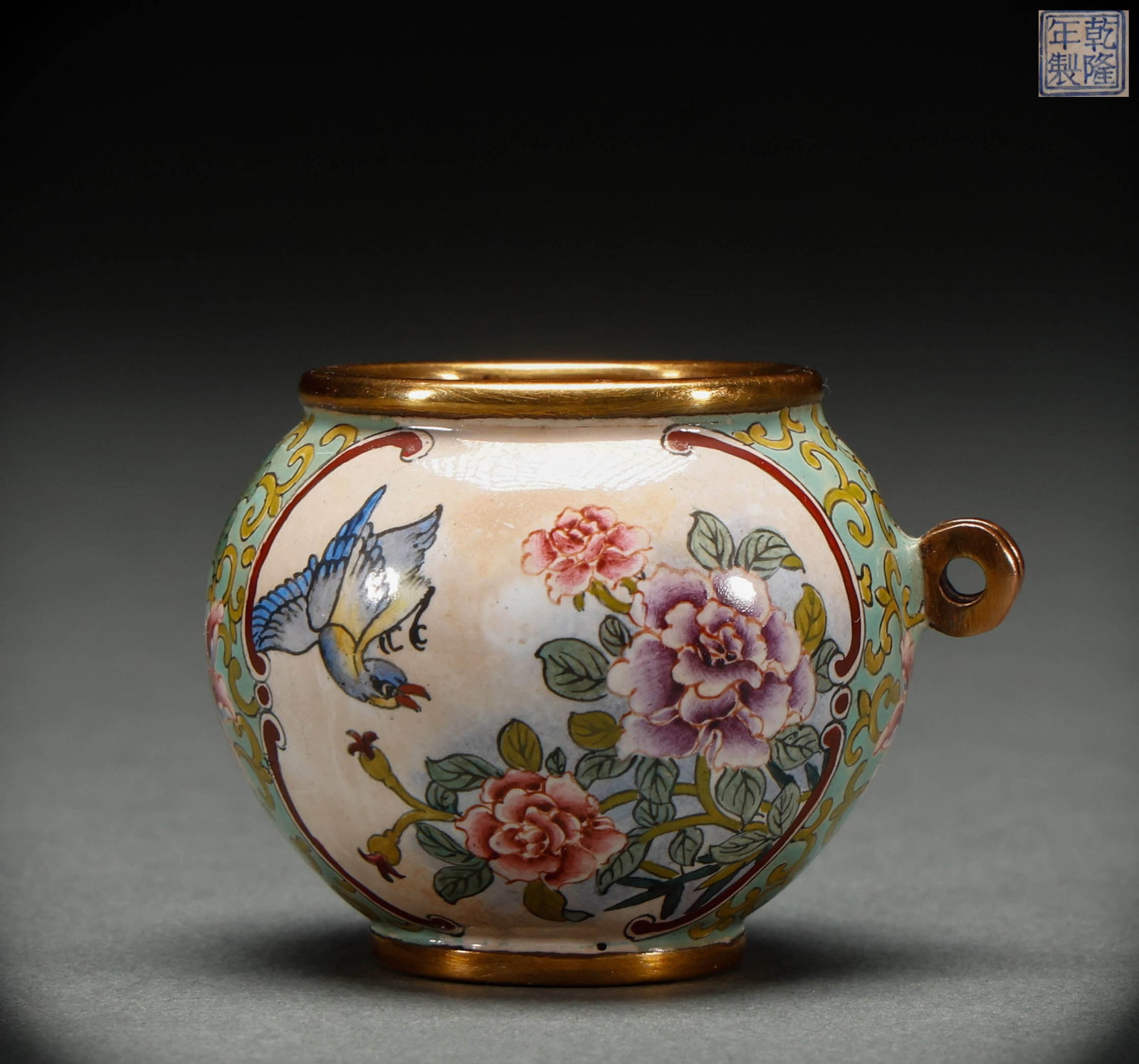 Qing Dynasty copper body enamel painted bird food jar (1 of 6)