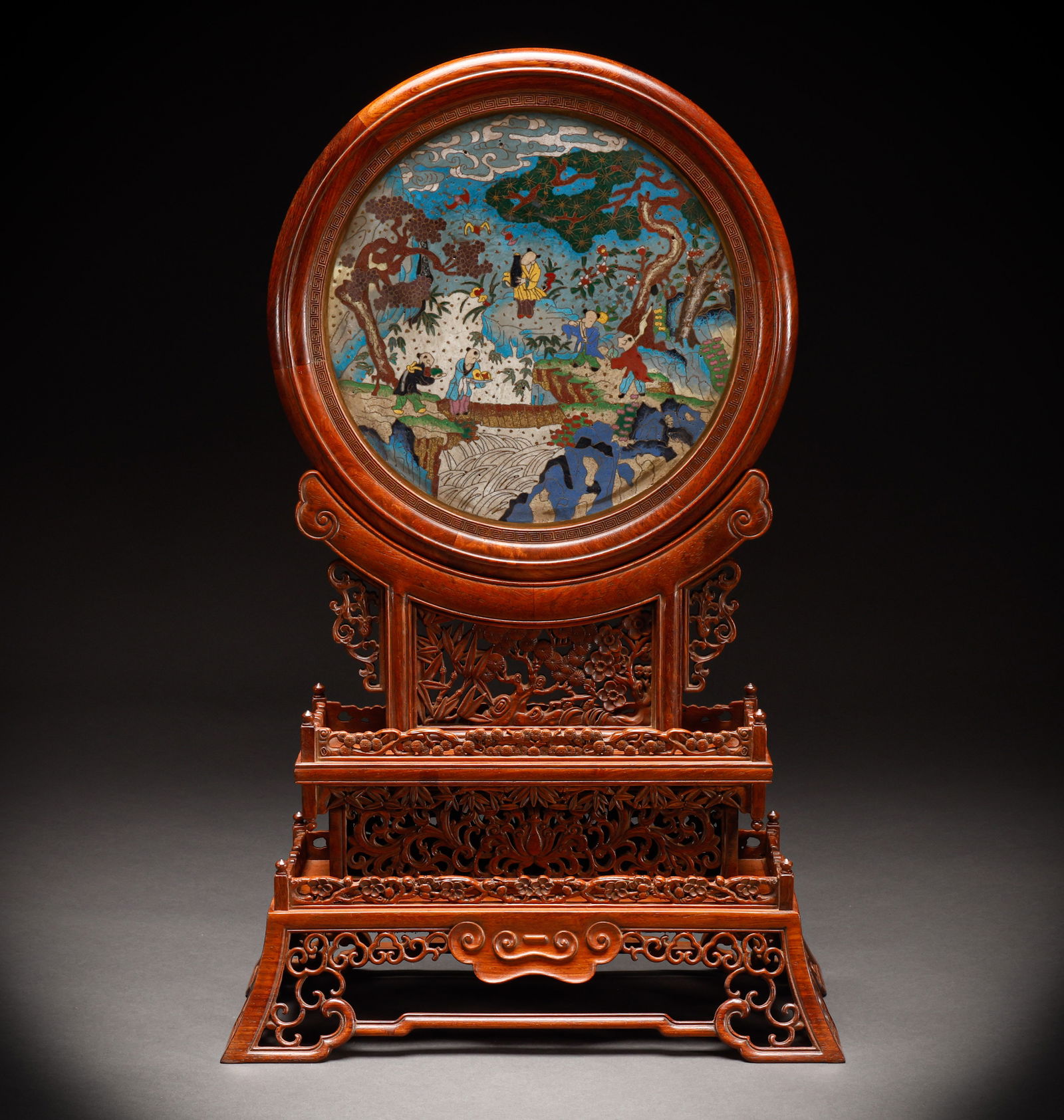 Qing Dynasty Huanghua Pear with Copper Embedded Cloisonn é Screen Insertion: Height: 56cm, Width: 35cm, Weight: 2640g